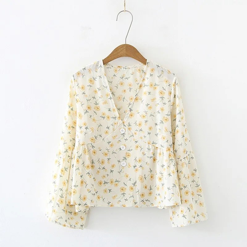 

Женская блузка DAXIN с V-образным вырезом и цветочным принтом, летняя милая маленькая шифоновая рубашка с длинными рукавами