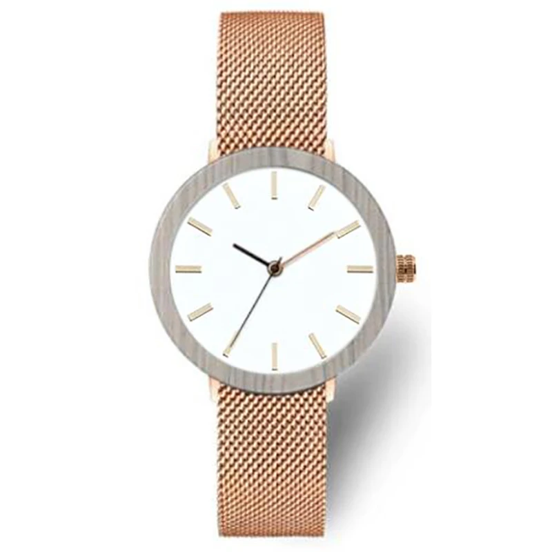 Dropshipping Minimalist Design Custom Made Rose Gold Belt Quartz round Grey Maple Wooden Watch for Women