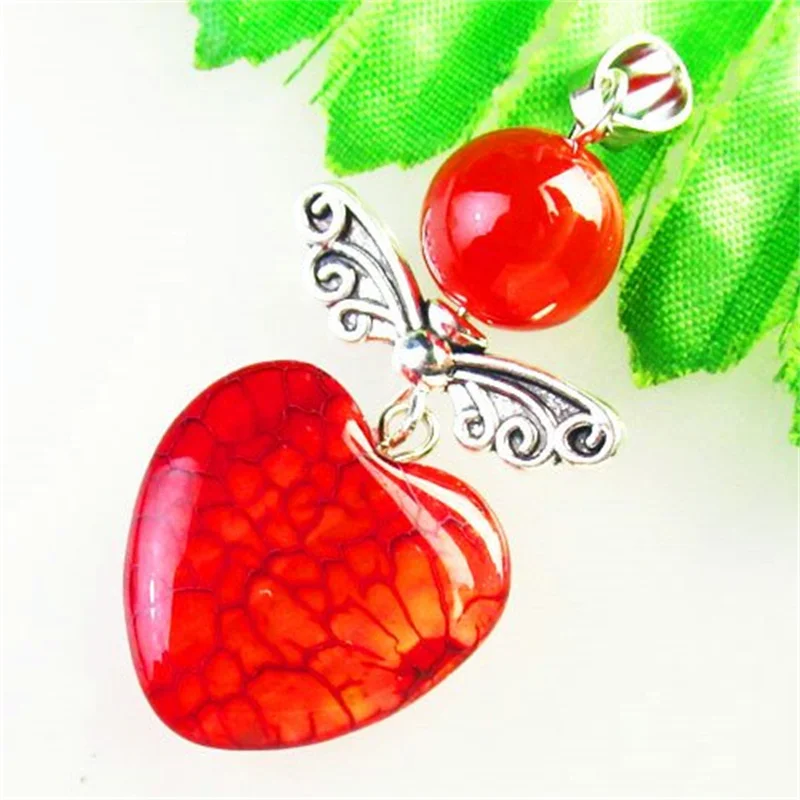 

2Pcs Red Fire Agate Heart Carved Tibetan Silver Wing Pendant Bead For Women DIY Christmas Present Jewelry
