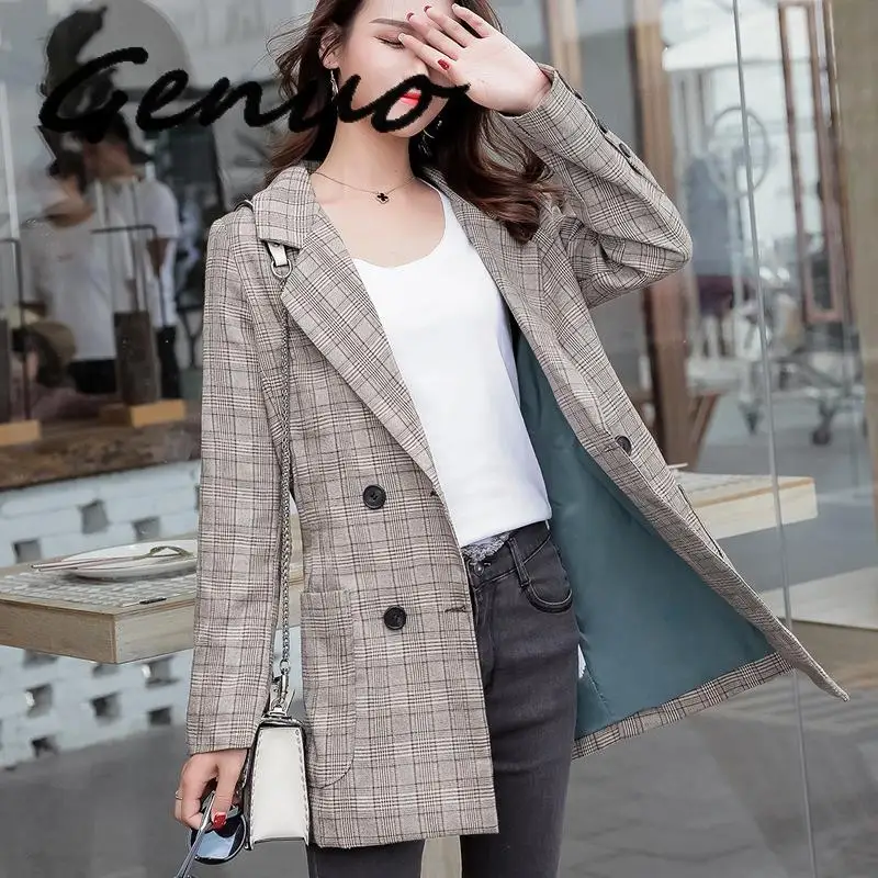 Женский блейзер в клетку двубортный Длинный повседневная офисная одежда верхняя