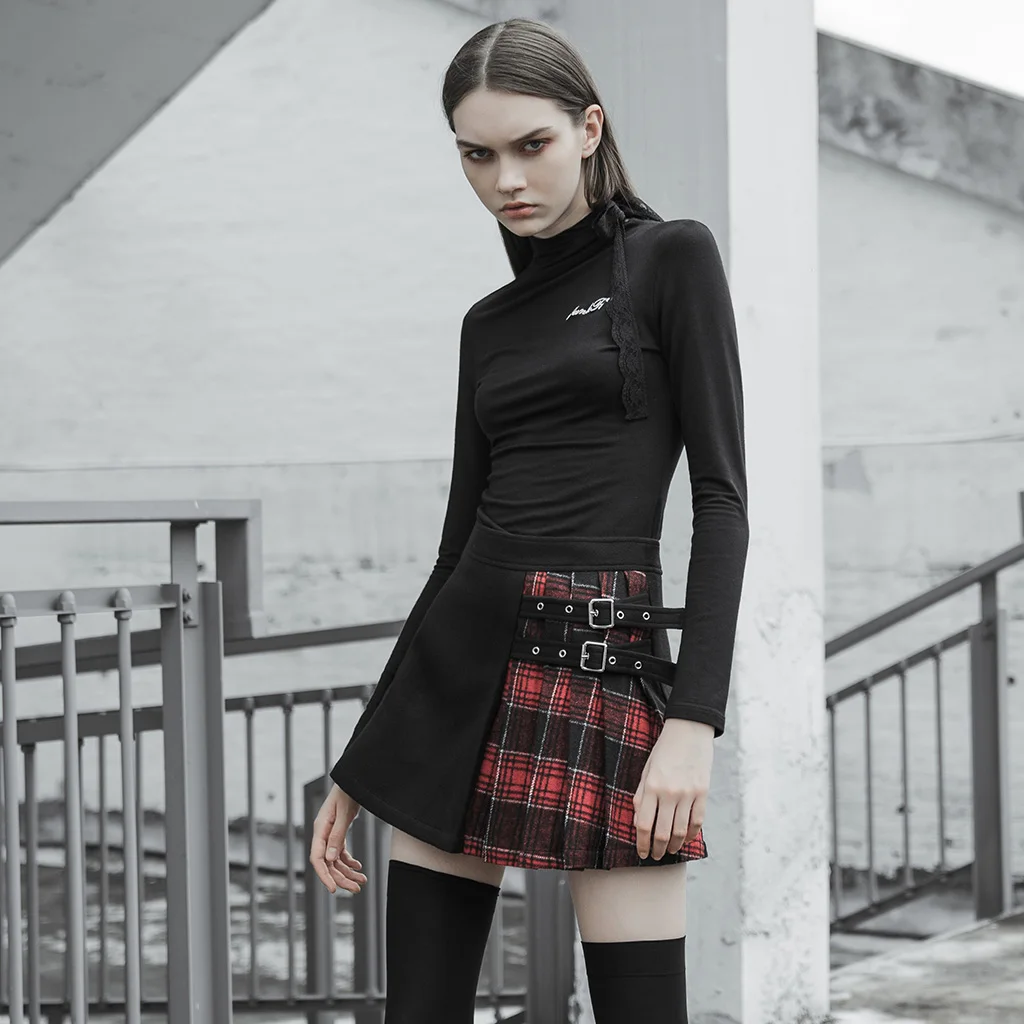 

Personality Casual Youth Girl Mini Skirt Women's Coloured Checked Folded Half Skirt with Button Loop Street Wear PUNK RAVE