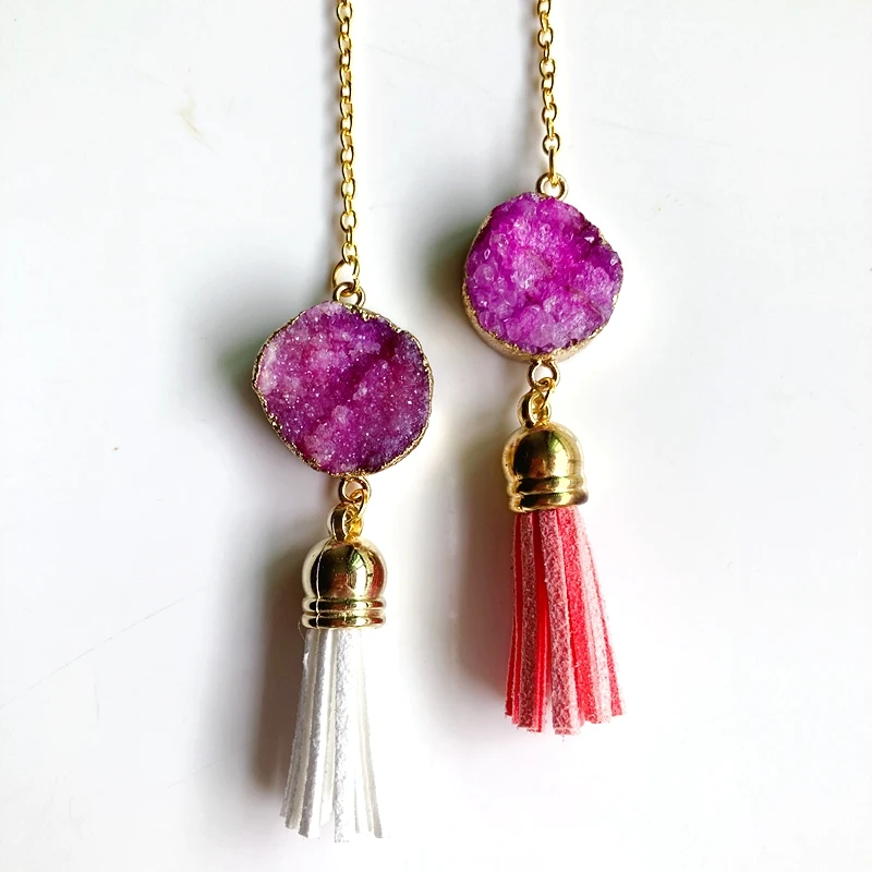 

Car Hanging Ornament Ruond Pink Druzy Natural Quartz Pendants With Tassels Decor Rear End Mirror Decoration