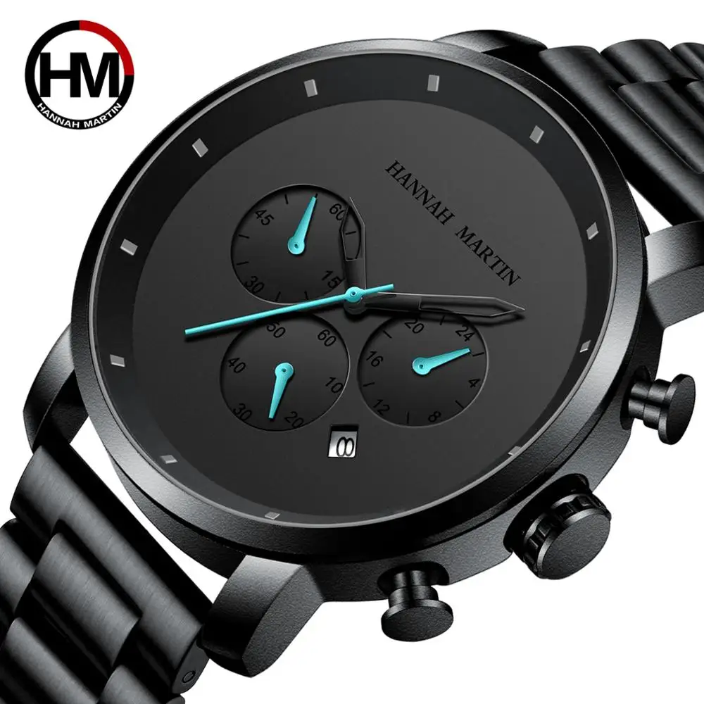 

HM 2020 New Simple Japanese Movement Black Stainless Steel Mesh Strap Multifunction Calendar Mens Top Brand Luxury Watches HM10