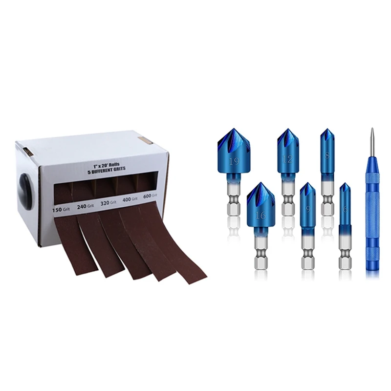 

5 Size 6M 150-600 Grit Woodworking Sandpaper Abrasive Emery Cloth Roll With 6Pcs 90 Degree Countersink Set