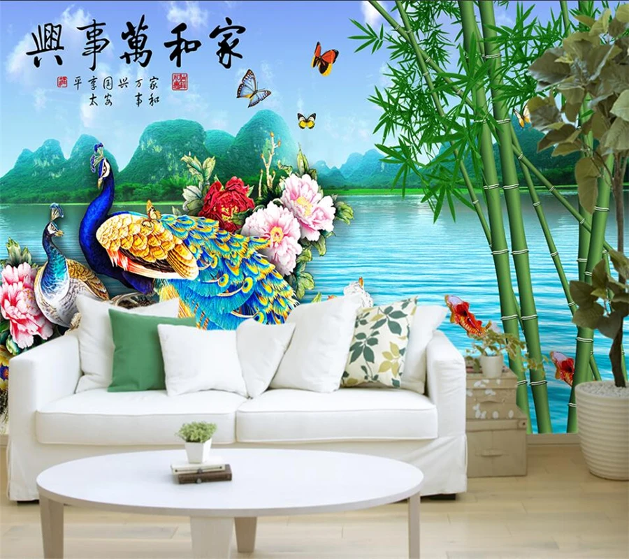 Индивидуальные обои 3D Home He Wanshixing павлин бамбук фон для стены гостиной спальни