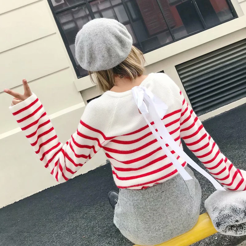 GOPLUS Clothing Women's Sweater jumper Striped Back Bow Tie Pullovers Sweaters For Women Chompas Para Mujer Pull Femme C8086 | Женская
