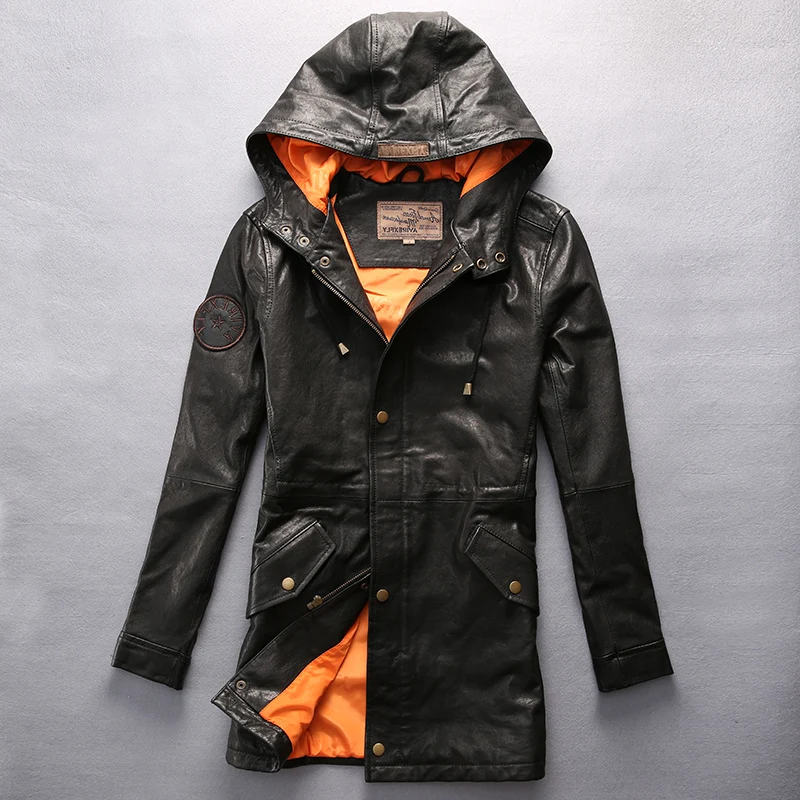 

New Avirex 2020 fly hooded leather jacket wommen black goatskin flight jacket casual pilot jacket autumn windbreaker