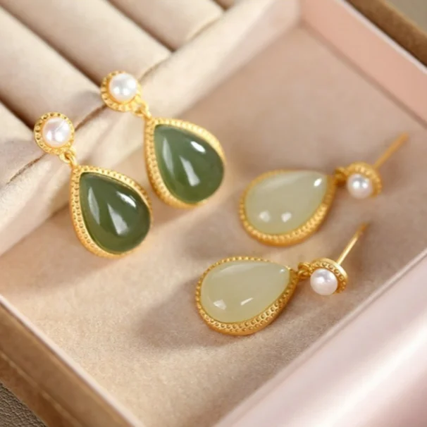 

Natural Hotan green chalcedony water drop shaped silver ear pendant Chinese style retro unique craft gold women's Christmas gift