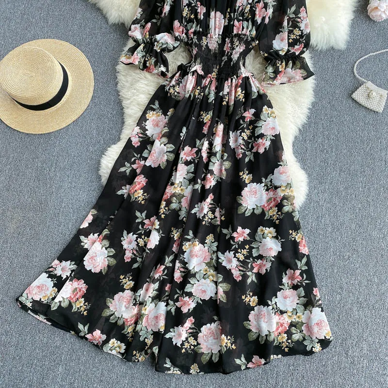 

Bohemian Floral Print Women Chiffon Dress Sexy Slash Neck Short Flare Sleeve A-Line Off Shoulder Slim Vestidos Female 2021 New