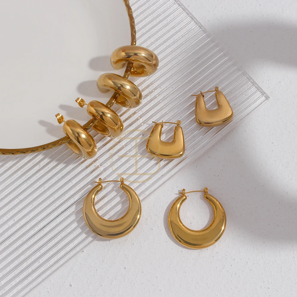 

High End Stainless Steel Jewelry for Women PVD Gold Plated Chunky Smooth Earrings Big Chubby Hoops Unusual Earrings For Girls