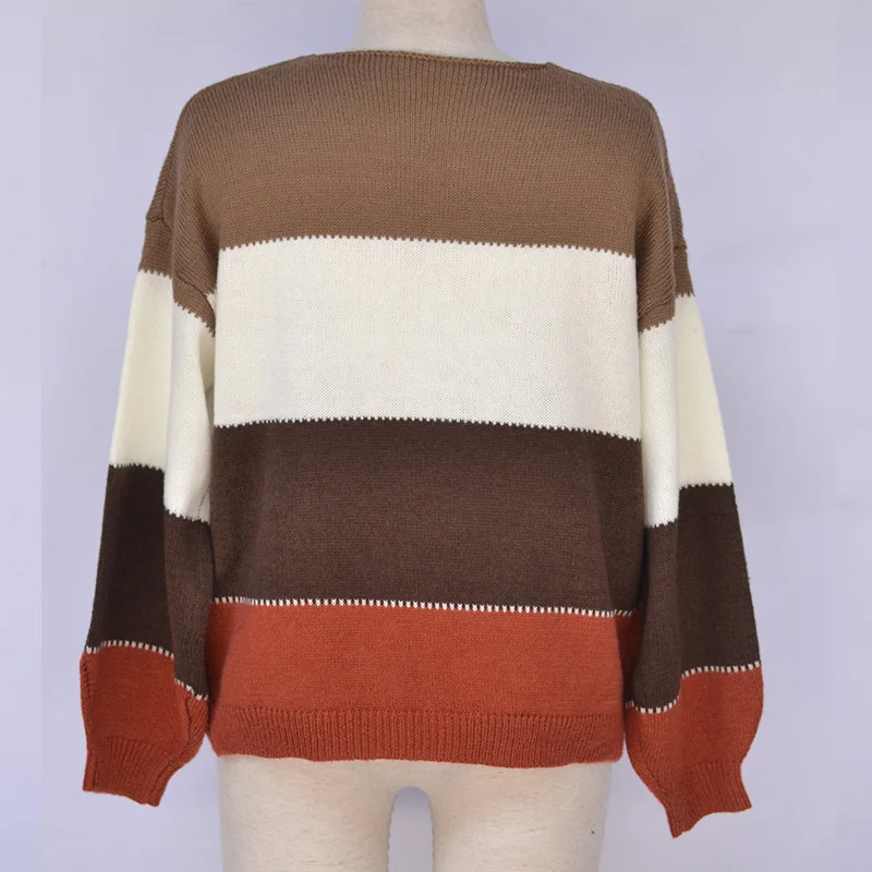 

QUEVOON Fashion Striped Sweaters Round Neck Patchwork Long Sleeve Knitwear Winter 2019 Vintage Ladies Pullovers Casual Jumpers