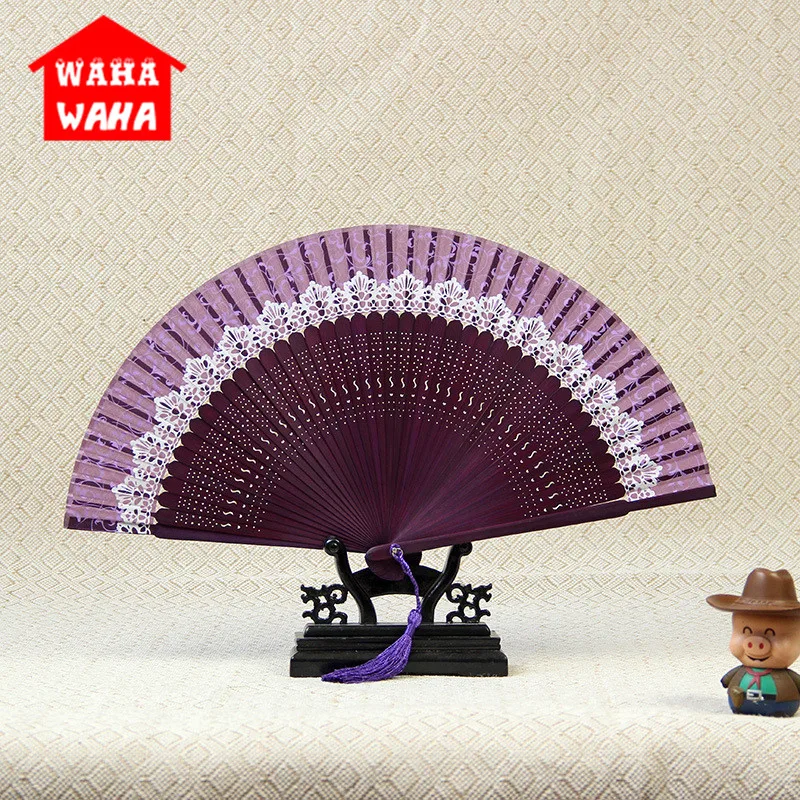 Китайский стиль кружевной Шелковый веер с принтом Японский складной бамбуковый