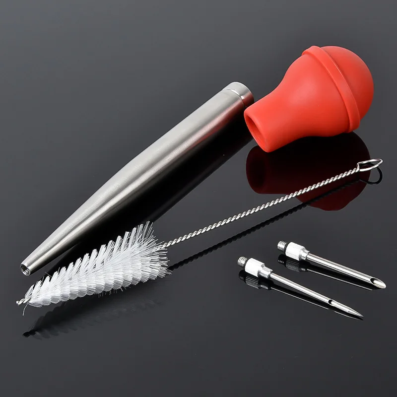 Stainless Steel Seasoning Pipe Turkey Baster Set Oil Dropper BBQ Food Flavour Syringe Tube Pump With Needles Brush |