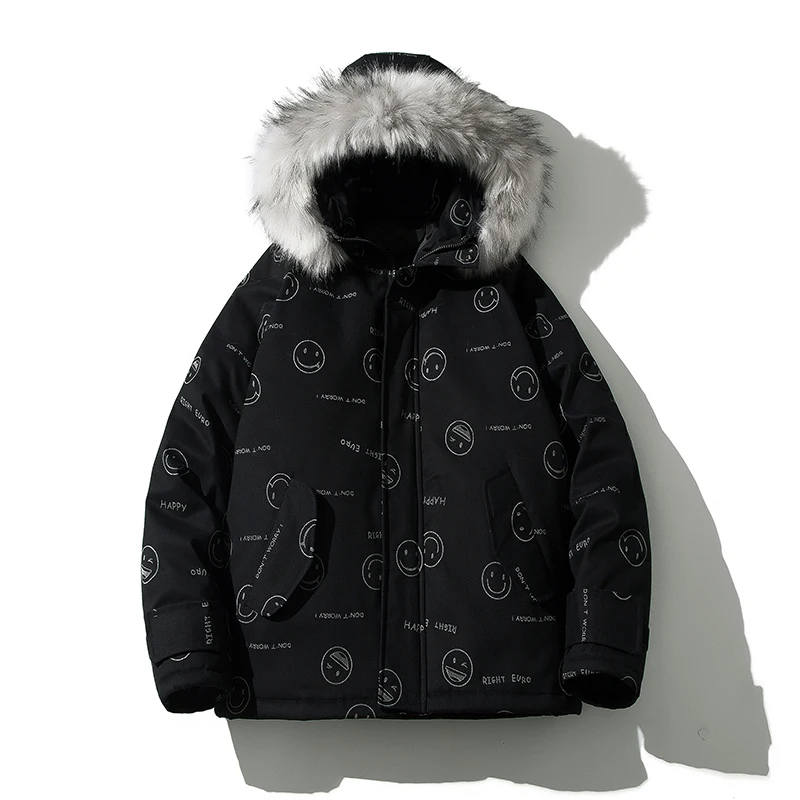 

GlacialWhale Mens Graffiti Down Jacket Men 2021 Winter Cargo Jacket Coat Hooded Windproof Hiphop Streetwear Black Jacket For Men
