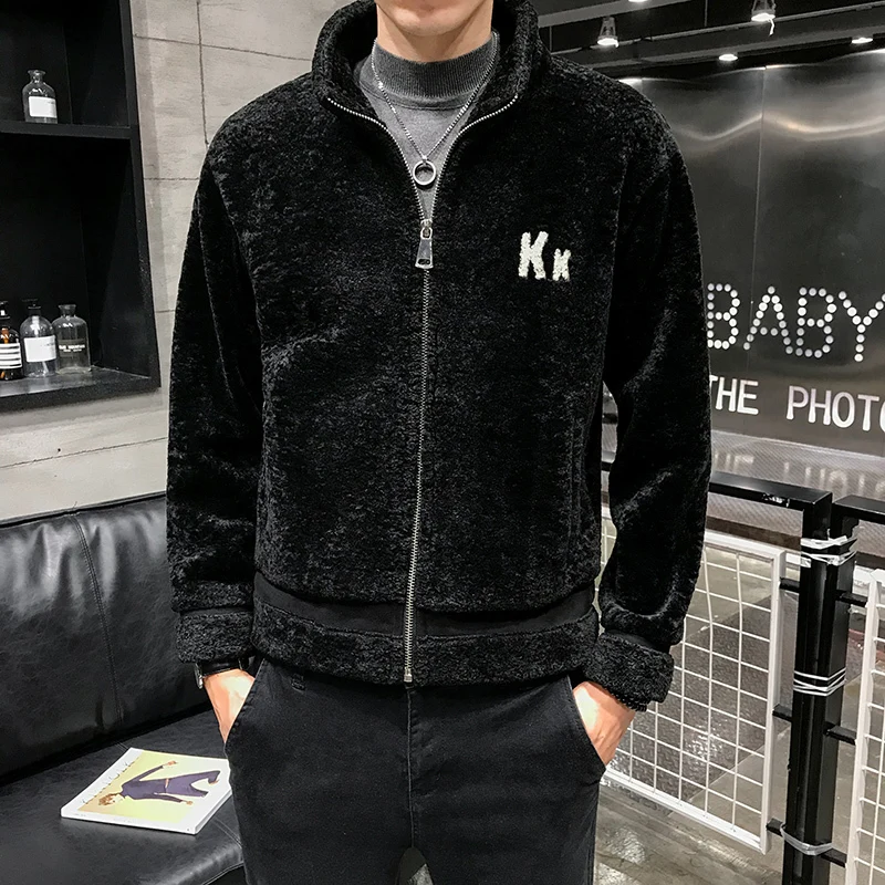 Мужская зимняя куртка-бомбер теплая шерстяная с разрезами повседневное пальто