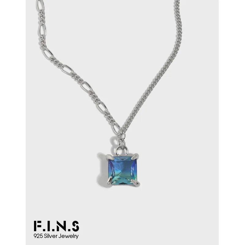 

F.I.N.S Minimalist 100% S925 Sterling Silver Necklace Pendant Square Double-color Stone Asymmetric Chain Necklace Fine Jewelry