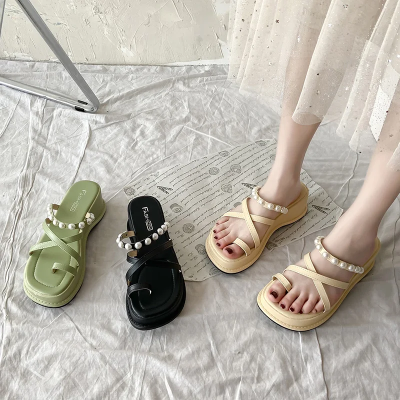 

Beach Shoes Slippers Casual Rubber Flip Flops Med Platform Slipers Women Slides Sabot Luxury Hawaiian Summer Flat 2021 PU Rome