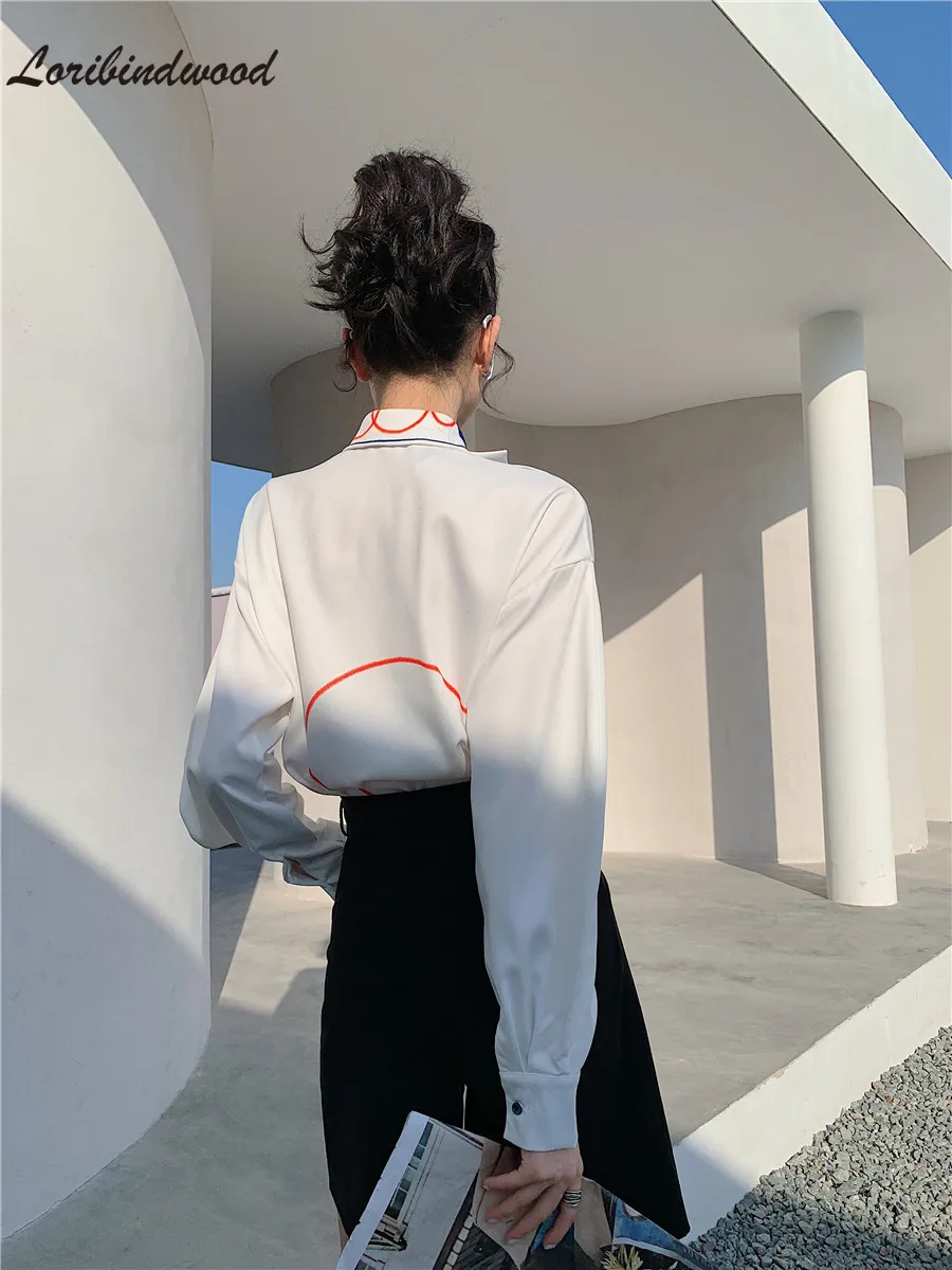 

2021 Fashion Women Shirt Graffiti Print White Long Sleeve Button Up Collar Designer Tops And Blouses Korean Fashion