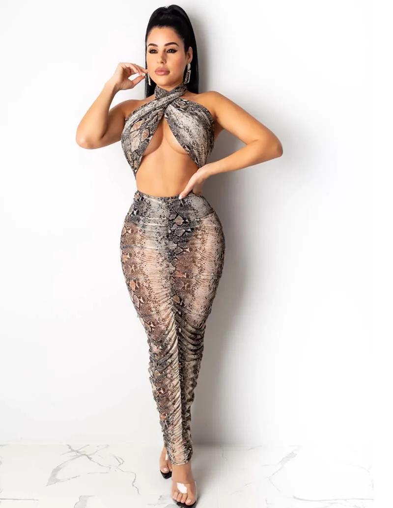 Beyprern сексуальный дизайн обруча Топ и Ruched Cheetah печать юбка комплект Женская открытая леопардовая сетчатая юбка комплект из 2 предметов