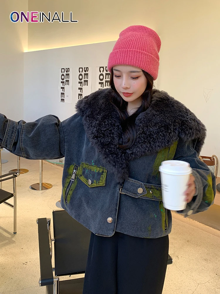 

Женское прямое однобортное пальто ONEINALL, повседневное пальто составного кроя с отложным воротником и длинным рукавом, зимнее пальто, 2021