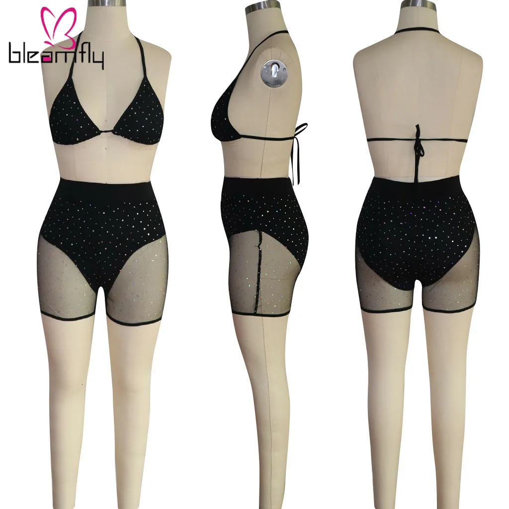 Сексуальный сетчатый Женский комплект 2 шт. с блестками летний купальник