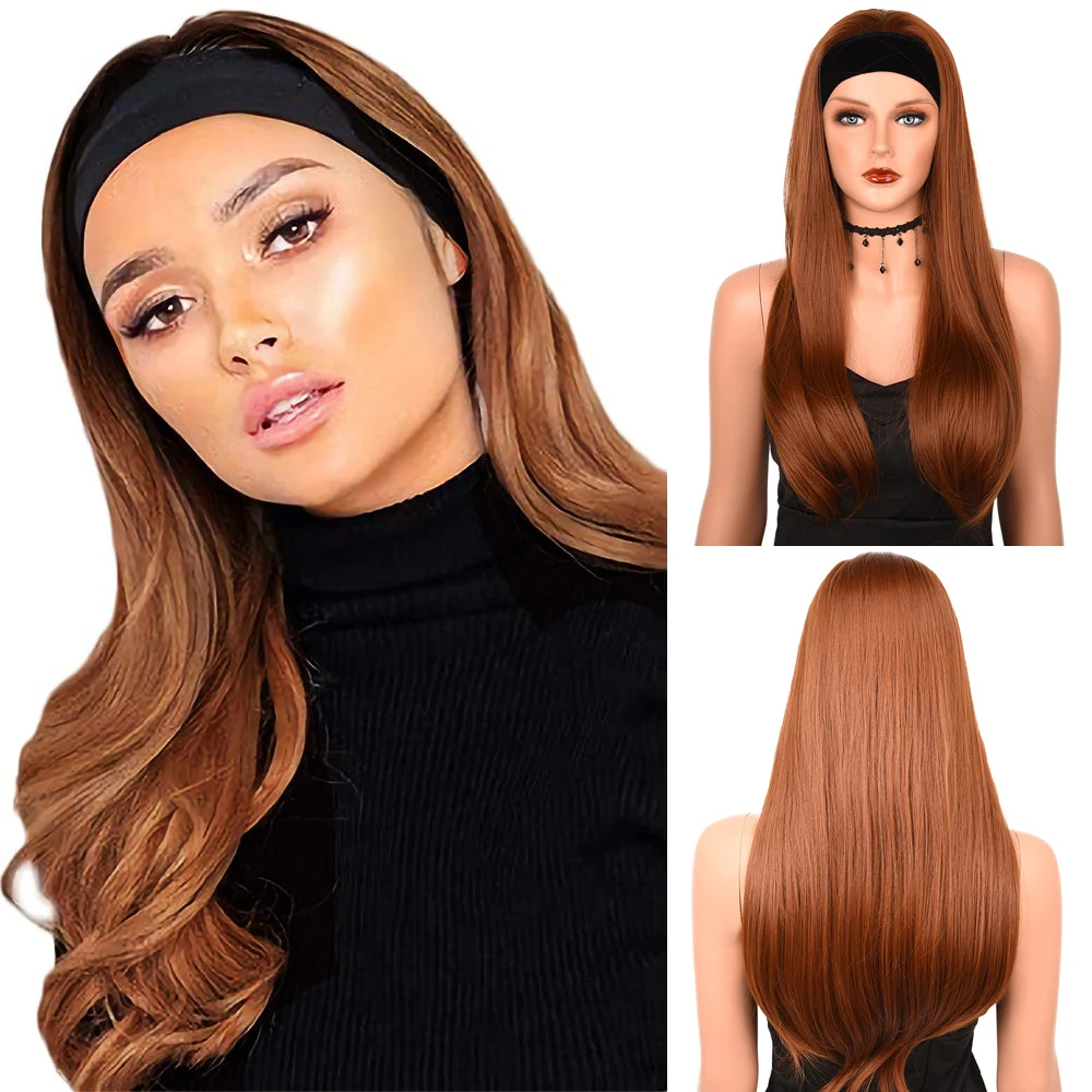 

Headband Wig Long Straight Brown Synthetic Wig for Women Daily Party Use Headband Wigs Women Fake Hair Wig Easy to Wear 24inch