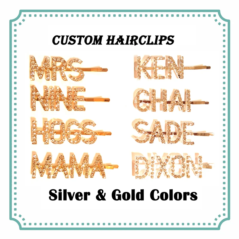 Pinzas para el pelo personalizadas con nombre y palabra, horquilla para el pelo con letras personalizadas, horquillas calientes británicas, colores plateados y dorados