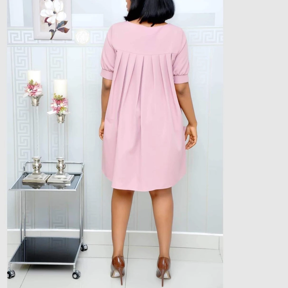 

Women Causal Loose Mini Dress Pink Bow Short Sleeve 2020 Summer Work Daily Wear Fashion Short Dress Loose Plus Size Wholesale