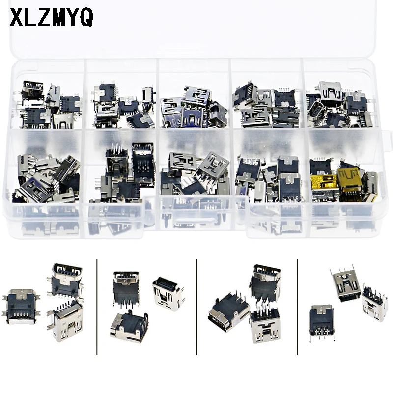 

100pcs/Box Data Interface Mini USB Plug 5pin Patch / In-line / Vertical Socket Connector DIP Jacket 5PF D port T-type Diy Kit