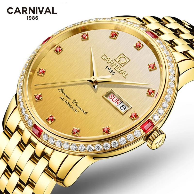 

Carnival Fashion Red Diamond Mechanical Watch Men's Dual Calendar Luxury Gold Stainless Steel Waterproof Automatic Watches Men