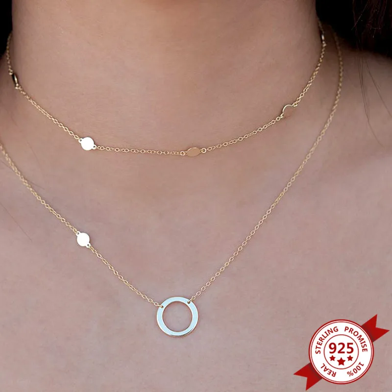 

1PC 925 Sterling Silver Chain Round Sequin Necklace for Women Short Chain Clavicle Chain Necklace Boho Jewelry Accessories