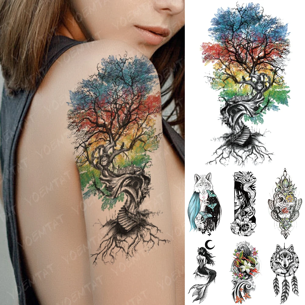 

Waterproof Temporary Tattoo Sticker Ladder Color Tree Flash Tatto Wolf Harajuku Lily Mermaid Body Art Arm Fake Tatoo Women Men