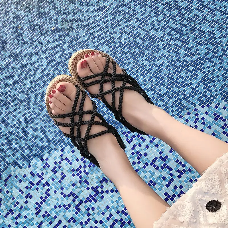 Женские сандалии гладиаторы с пеньковым плетением удобная обувь женские слипоны