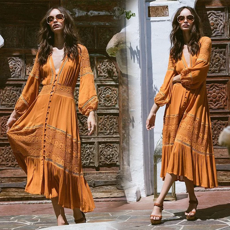 

Femme Clothing Lace Dress Lantern Sleeve Boho Lace Maxi Dress New Hot Sale Hollow Out Retro Long Dress Classic Mujer Chic Robes