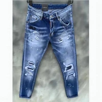 new dsq2 mens skinny jeans with ripped holes and elastic paint spray blue stitching beggar pants 9123