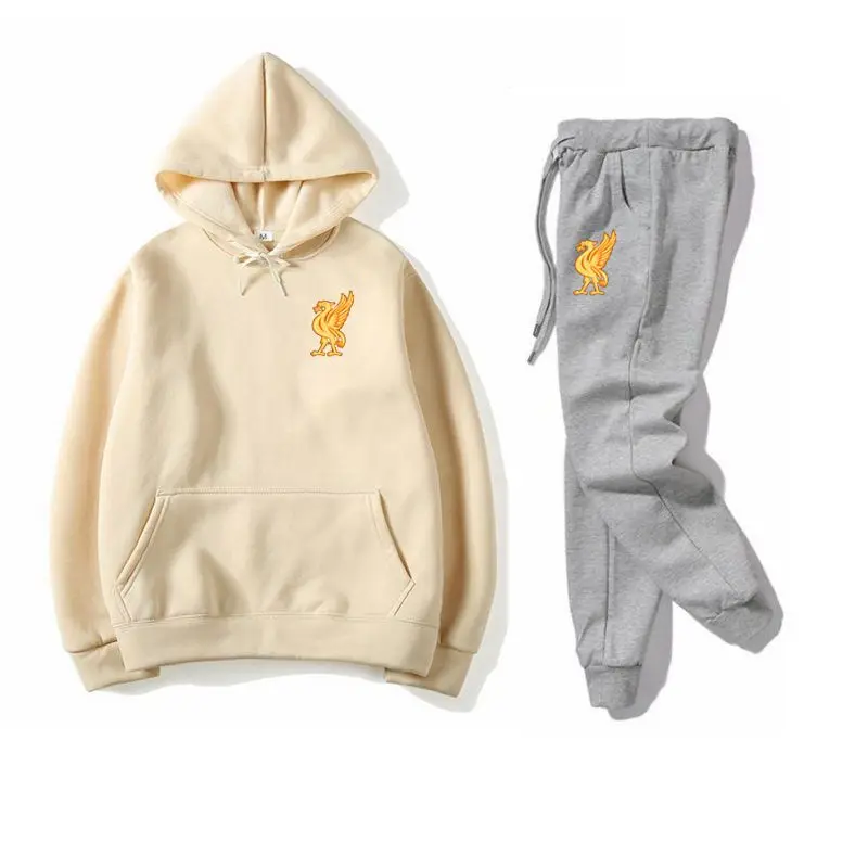 Beige gray Спортивный костюм, модная спортивная одежда, комплект из двух предметов, хлопковая флисовая толстовка с капюшоном+ штаны, спортивный костюм для мужчин - Цвет: Beige gray