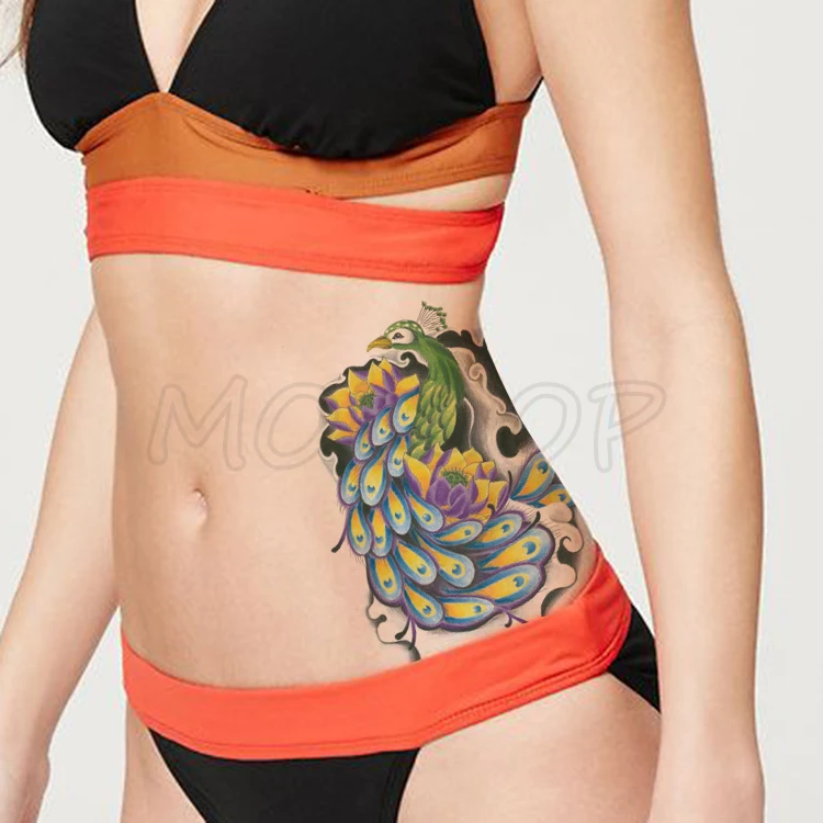 

Peacock Animal Colored Feathers Tattoos Stickers Women Body Waist Arm Art Tattoos Temporary Girls Butterfly Tatoos Rose Chains
