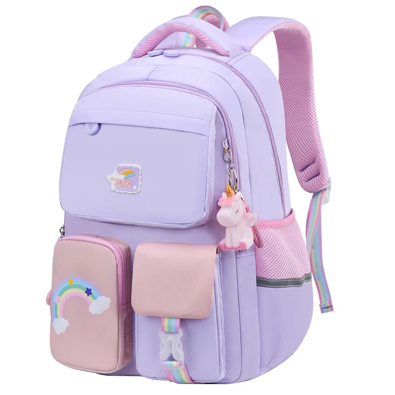 Детские школьные ранцы с радужным принтом, водонепроницаемые фиолетовые контрастные рюкзаки для девочек с рисунком пони, сумки для книг, 2021