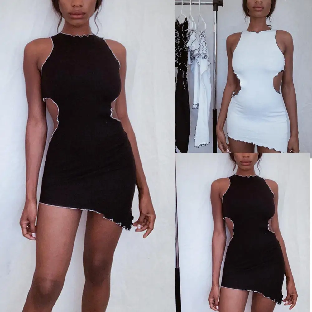 

Hot Sales!!! Sexy Women Dress Solid Color Sleeveless Hollow Out Knitted Ribbed Mini Bodycon Dress for Summer