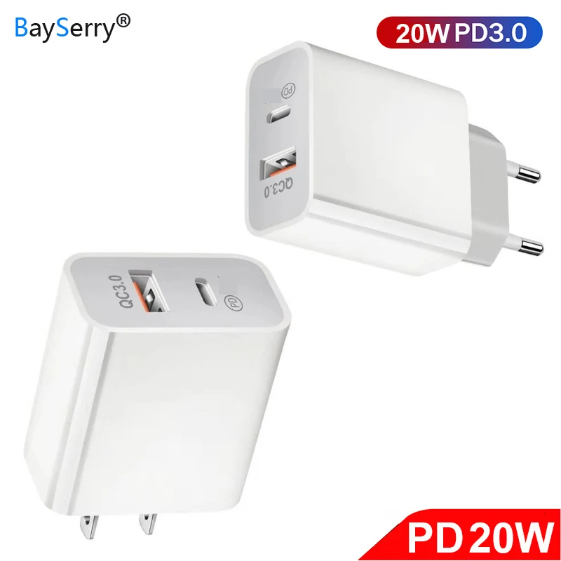 Зарядное устройство USB BaySerry 20 Вт с европейской вилкой быстрое зарядное PD + QC 3 0