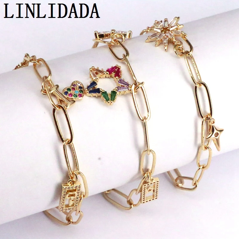 

5Pcs,CZ Micro Pave Charms Bracelet, Gold Color Bracelet, New design Chain Link Bracelets