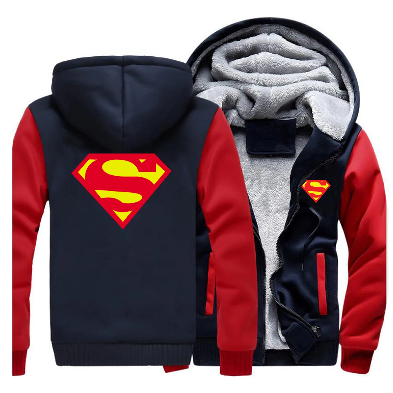 Red Dark Blue Superman Winter Men Thick Warm Fleece Jacket Logo Print Coat Hoodies Coats Sweatshirts Super Hero Jacket Thicken Hoodie Jackets - Цвет: Red Dark Blue
