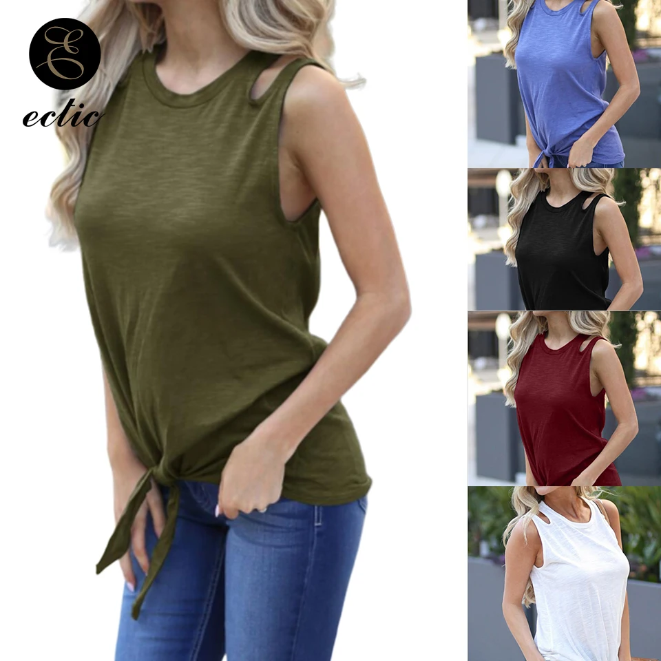 Простой Хлопковое Майка Перед Узел Полый Выдолбить Распарывать Сексуальное
