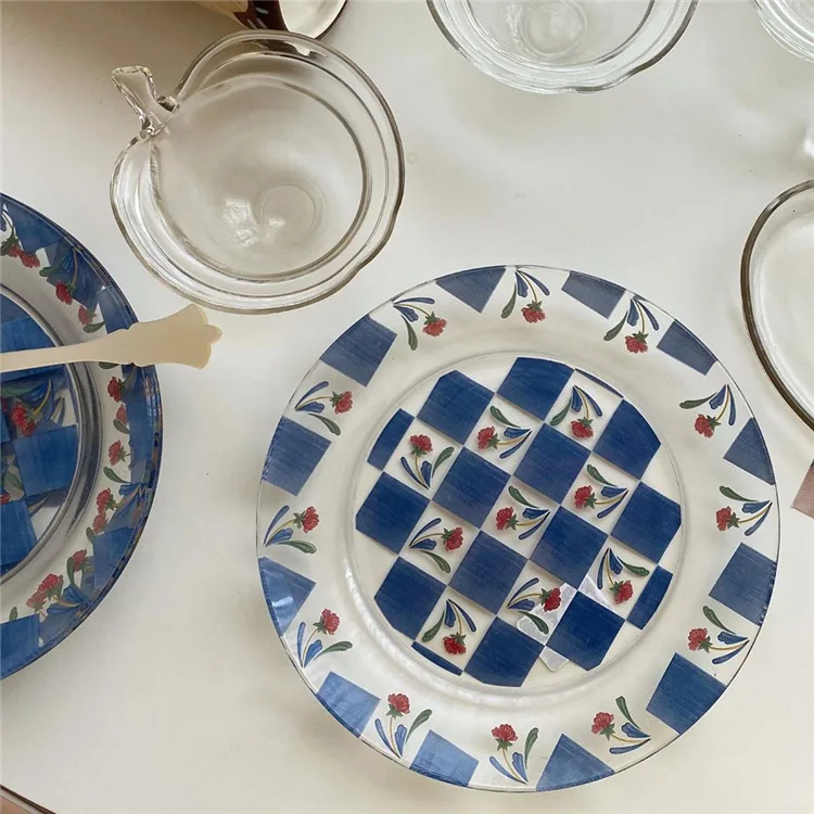 

2PC Refreshing Flower Glass Plate Vintage Middle-aged Blue Grid Tempered Cake Dessert Korean Fresh Style