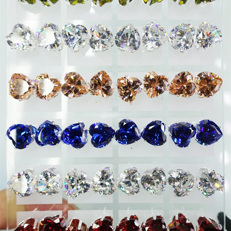 

Stud Earrings 10mm Heart AAA Cubic Zircon For Women Girls Jewelry 12 pairs/lot Mix Colors