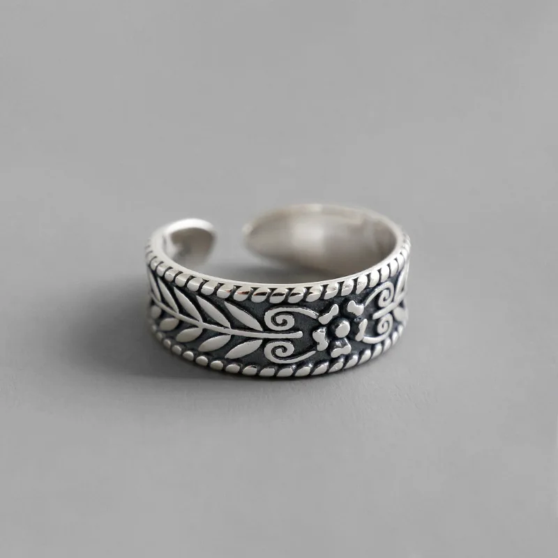 

Real 925 Sterling Silver Leaf Flower Rings For Women Accessories Vintage Adjustable Female Finger Ring Silver 925 Jewelry