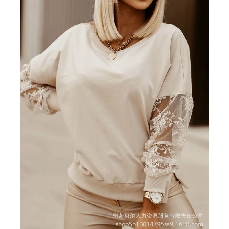 

WEPBEL Women's Sweatshirts Fashion Loose O-Neck Pullover Sweatshirts Autumn Lace Mesh See-through Lantern Sleeve Sweatshirts