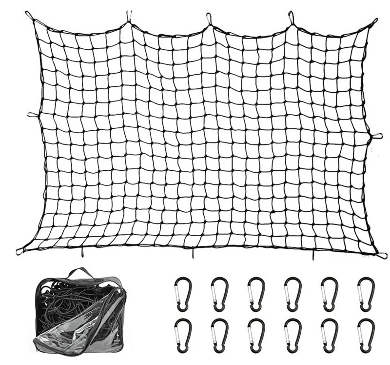 

Super Duty Bungee Cargo Net For Truck Bed Stretches To 12 D Clip Carabiners | Small Mesh Holds Small And Large Loads Tighter