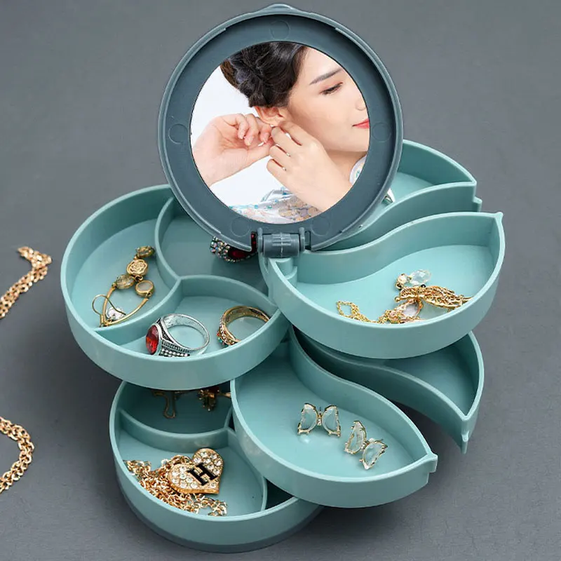 

Jewelry Storage Box Multilayer Rotating Plastic Jewelry Stand Earrings Ring Box Cosmetics Beauty Container Organizer with Mirror