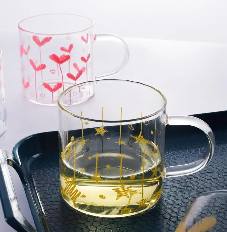 

Glass Cup Simple Girl Heart Gold Heart-shaped Cup Pattern High Boron Silicon Heat-resistant Handle Glass Juice Cup Coffee Mug